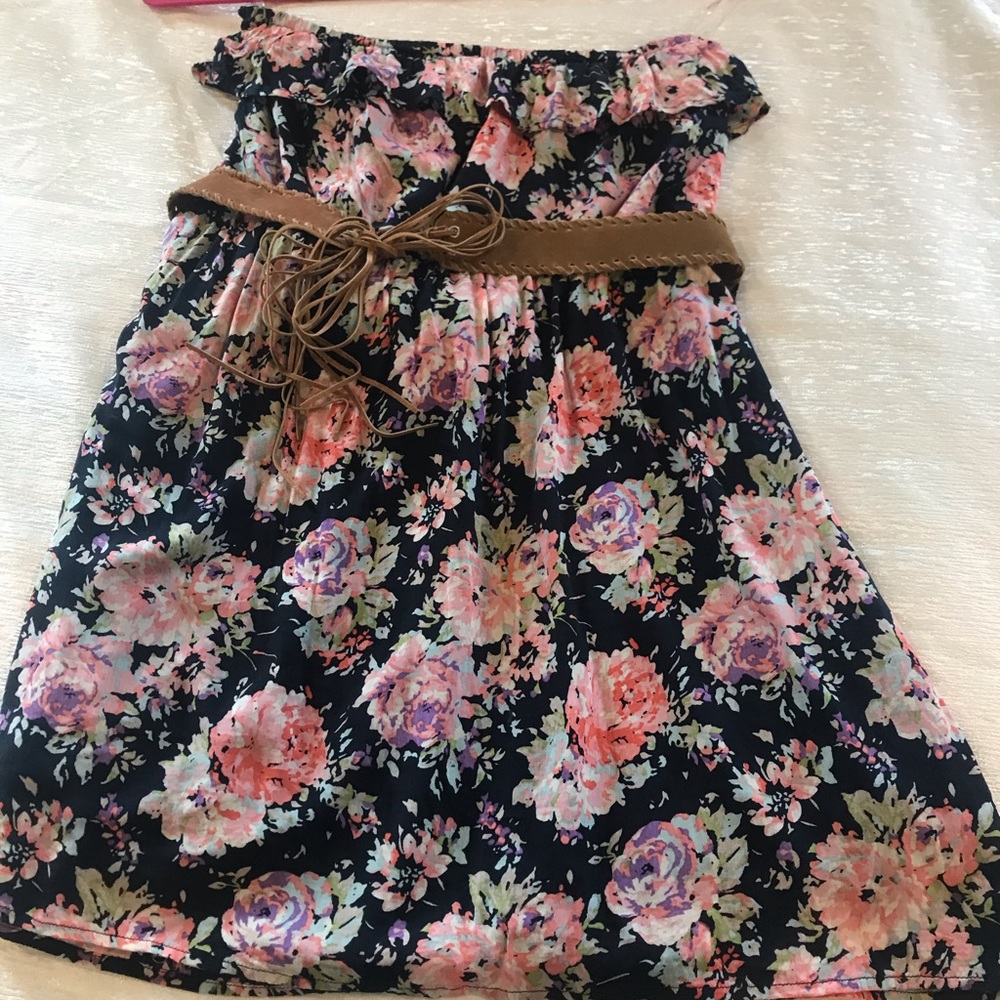 Floral print strapless mini dress with ruffle top